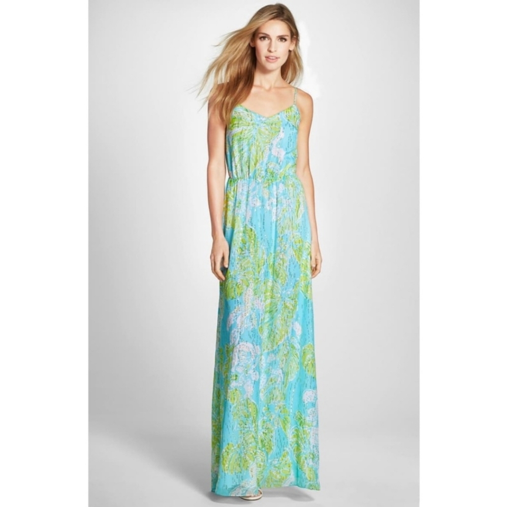 NWT, Lilly Pulitzer Deanna Silk Maxi Dress, Shorely Blue, Beachy Keen